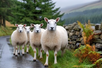 Obraz premium Sheep walking on a road in the Yorkshire Dales National Park