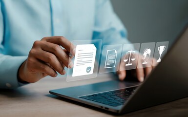 Businessman manages documents securely using digital solutions with laptop access