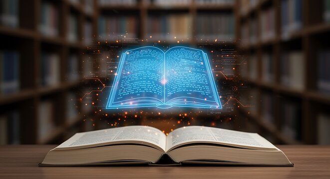 Old book and futuristic glowing ebook in a library, illustrating technology and knowledge transfer, a fusion of tradition and innovation.