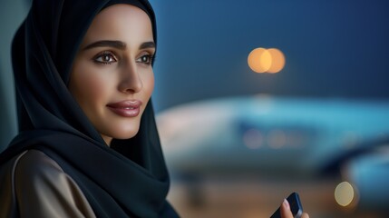 Professional hijab wearing businesswoman waiting near airport gate, checking smartphone with confident posture while scanning busy terminal surroundings