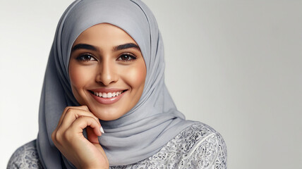Smiling arabic woman in hijab with smooth perfect skin resting her chin on hand, studio photo on white, cosmetics advertise concept.