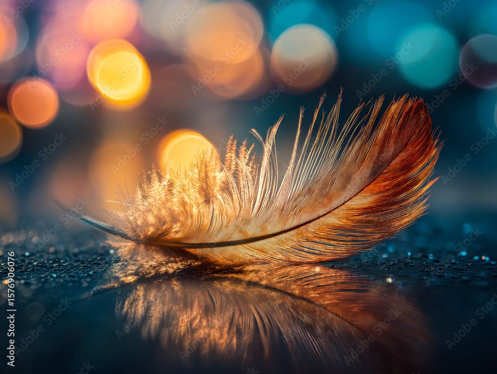 Poster close-up of a delicate feather illuminated by warm light with a colorful bokeh background