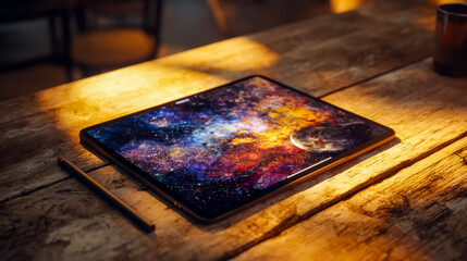 Modern tablet with a cosmic galaxy display on a rustic wooden table