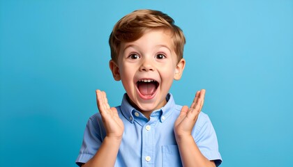 A happy and surprised child expresses joy with hands on face and a bright smile against a blue background.