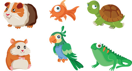 Pets Icons vector Cartoon Set Mascot Design. Collection of exotic as domestic animals mascot design 
