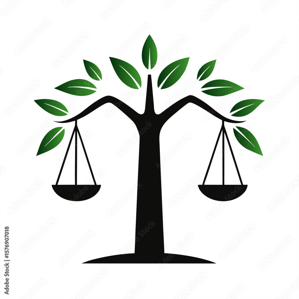 Poster tree with balanced scale eco justice silhouette on transparent background for web and graphic design