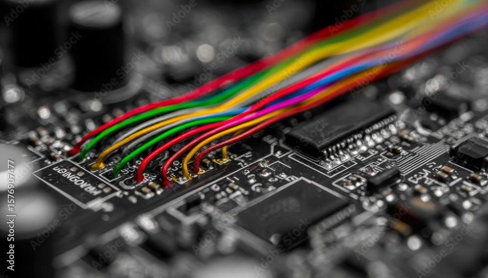 Poster close-up of colorful wires connected to a computer motherboard with a blurred background