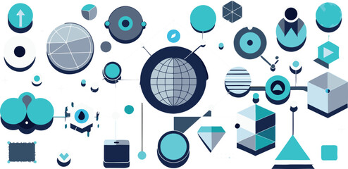 Obraz premium Vector art of a dynamic abstract illustration featuring a global network of interconnected digital elements and geometric shapes in shades of blue and teal.