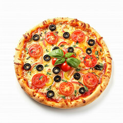 Fresh vegetarian pizza with tomatoes, olives, mushrooms, and basil, presented whole on a white background. AI generated