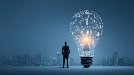 Businessman contemplating innovation and ideas symbolized by a luminous lightbulb with data and growth icons in a cityscape