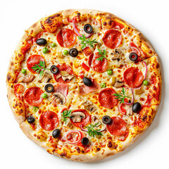 Delicious supreme pizza with pepperoni, ham, mushrooms, olives, peas, onions, and bell peppers, isolated on white. AI generated