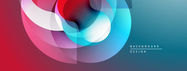 Abstract colorful shapes overlap creating dynamic visual effect. Gradient transitions blend red, blue, turquoise hues. Modern design element.