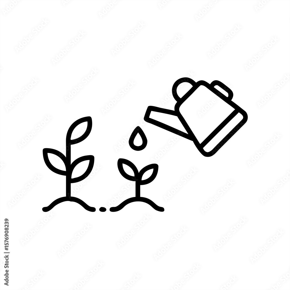 Poster watering can with seedlings on transparent background for web and graphic design