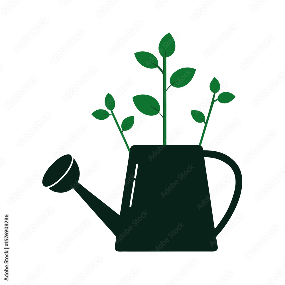 Poster watering can with seedlings silhouette on transparent background for web and graphic design