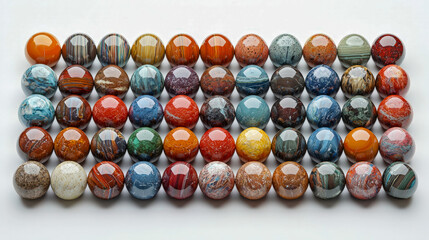 Array of polished semi-precious gemstone spheres showcasing diverse colors and patterns