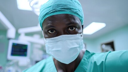 Doctor giving a reassuring smile while adjusting their face mask in a clinical setting