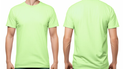 A man is wearing a light green t-shirt with half sleeves on both the front and back sides.
