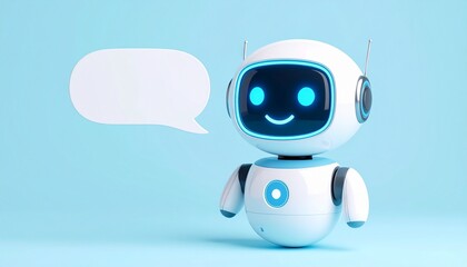 Cute AI chatbot with a smiling digital face and speech bubble in pastel background, kawaii style illustration of a friendly assistant.
