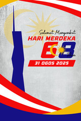 68th Malaysia Hari Merdeka Independence Day stand poster banner design with Merdeka tower silhouette and 68th text. Best for Malaysia national events and celebration. Malaysia vertical background