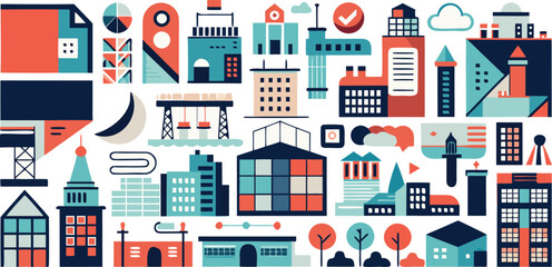 Vector art of a vibrant collection of modern city buildings and urban elements in a flat design style.