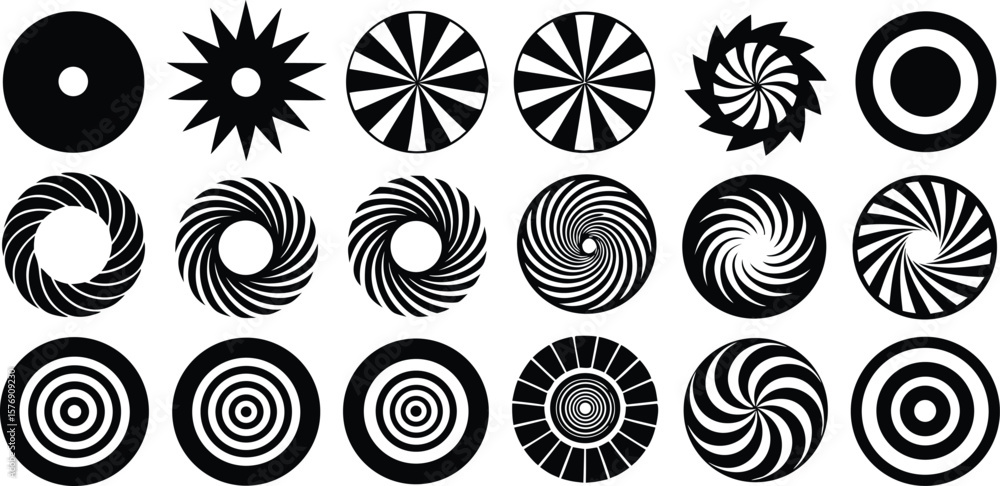 Poster vector art of a collection of abstract black and white geometric circular patterns and shapes.