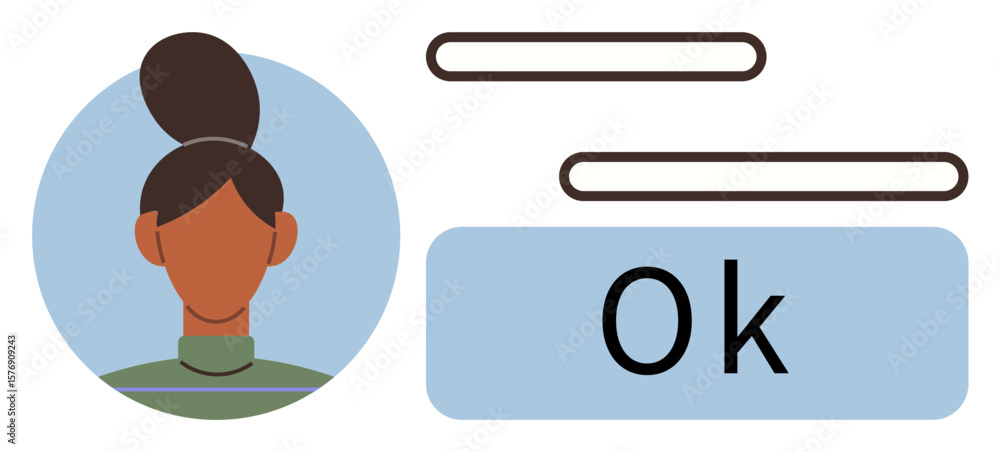 Poster female user avatar in circular frame, horizontal interface elements, large confirmation button label