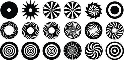 Vector art of a collection of abstract black and white geometric circular patterns and shapes.