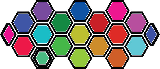 Vector art of a vibrant mosaic of colorful hexagons and diamonds arranged in a dynamic pattern.