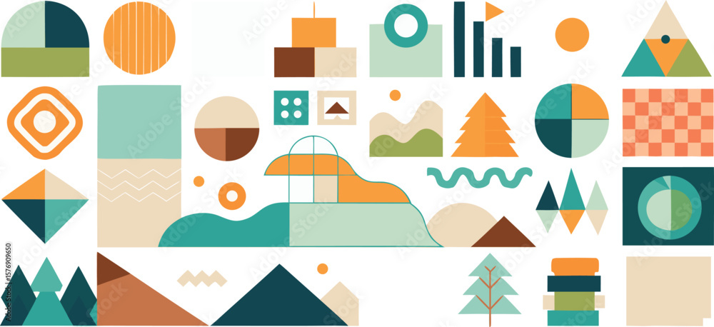 Poster vector art of a collection of abstract geometric shapes and patterns in a modern, minimalist style.