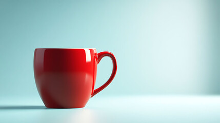 A bold red ceramic cup with rounded edges and a smooth surface placed on a pale blue background with a spotlight effect