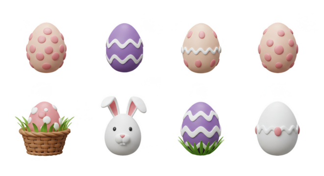 Illustration Colorful Easter Eggs and Bunny Transparent Background