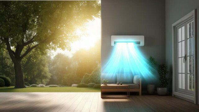 Wohltuende Klimaanlage im sonnigen Wohnzimmer &ndash; Luftstrom sichtbar dargestellt. K&uuml;nstliche Intelligenz KI