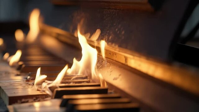 Piano on fire creates dramatic display in abandoned location at sunset, showcasing a unique blend of art and destruction