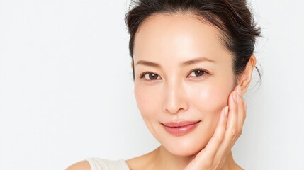 スキンケアをする女性のポートレート。　美容｜スキンケア, エイジングケア, 女性,, 笑顔, 美肌, ポートレート