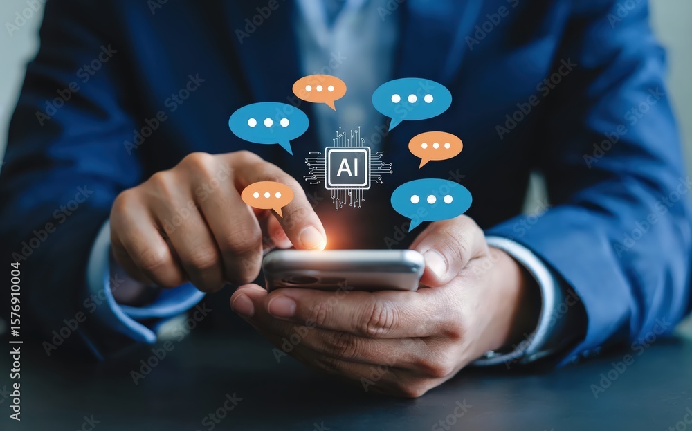 Poster person interacts with artificial intelligence on a mobile device for communication