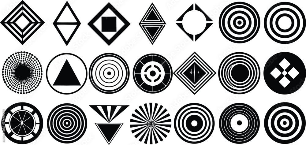 Poster vector art of a diverse collection of black and white geometric shapes and patterns arranged in a gr