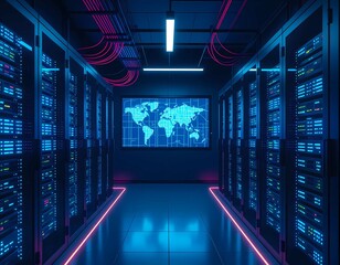 Futuristic Data Center Interior with Blue Lighting, Digital Connectivity, World Map Hologram, and Technology Flow