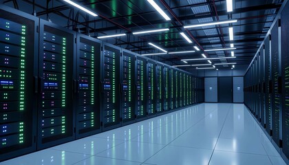 A secure server room illuminated by moody dark lighting, emphasizing the complexity of a global network system