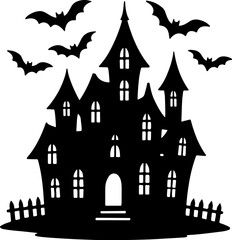 Silhouette of a Haunted Halloween House with Flying Bats on White Background