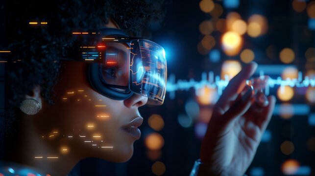 Female scientist wearing virtual reality headset analyzing holographic data graphs, working in dark high tech laboratory with futuristic digital interface