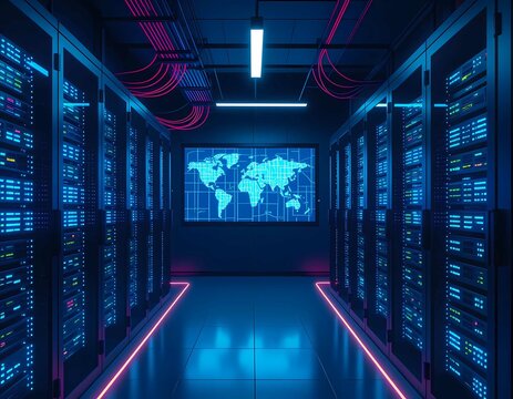 Futuristic Data Center Interior with Blue Lighting, Digital Connectivity, World Map Hologram, and Technology Flow