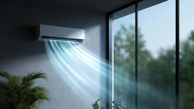 Wohltuende Klimaanlage im sonnigen Wohnzimmer &ndash; Luftstrom sichtbar dargestellt. K&uuml;nstliche Intelligenz KI