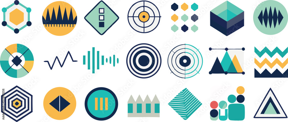 Poster vector art of a collection of abstract geometric icons representing data, analytics, and technology.