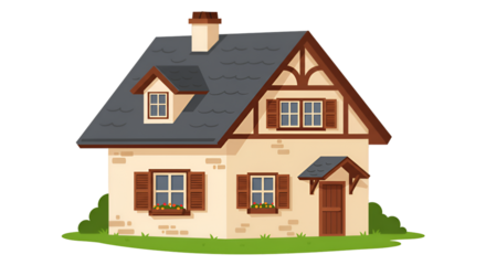 Illustration Of Beige House With Dark Gray Roof And Brown Wood Shutters