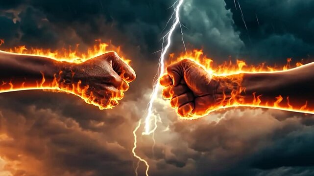 Two fiery fists clashing in a dramatic stormy background, symbolizing conflict or competition.
