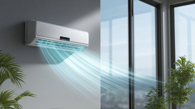 Moderne Klimaanlage im Wohnzimmer mit sichtbarem Luftstrom bei Sommerhitze. K&uuml;nstliche Intelligenz KI