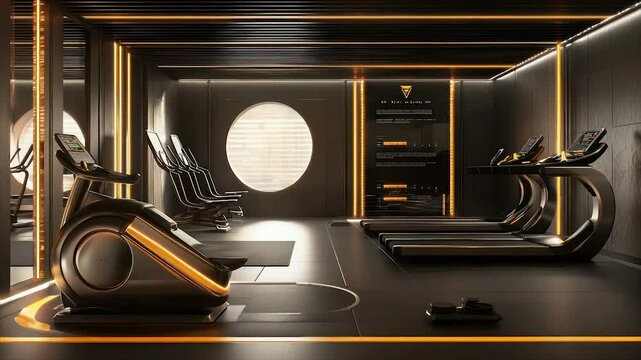 Sleek, modern gym with treadmills, elliptical, and dark decor