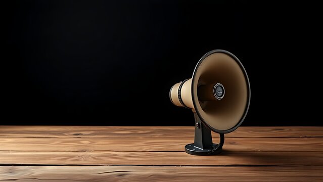 Vintage megaphone on wooden surface with dramatic lighting, evoking nostalgic and minimalist aesthetics.