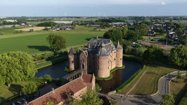Drone scene of Kasteel Ammersoyen, a medieval castle with moat in Ammerzoden, The Netherlands