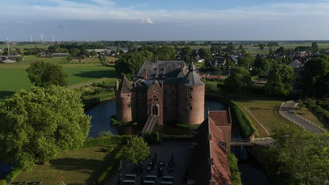 Aerial scene of Kasteel Ammersoyen, a medieval castle with moat in Ammerzoden, The Netherlands